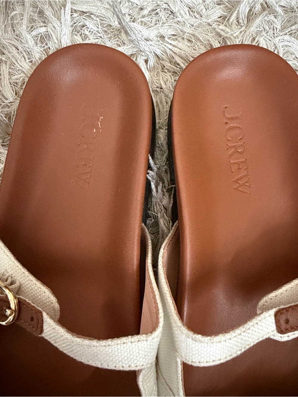 J. Crew Colbie Double Strap Buckle Sandals in Canvas & Leather Ivory/Brown Sz 9 - Picture 5 of 9